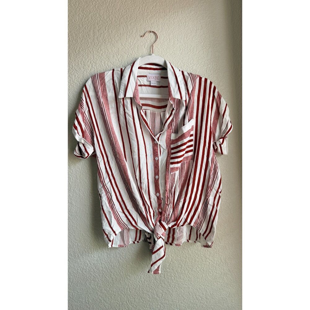 VIXBE Stitch Fix Rust Ivory Striped Tie Front Button Down Shirt Small
